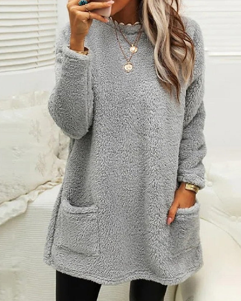 Aylen - Damen Teddy-Pullover langarm mit Taschen