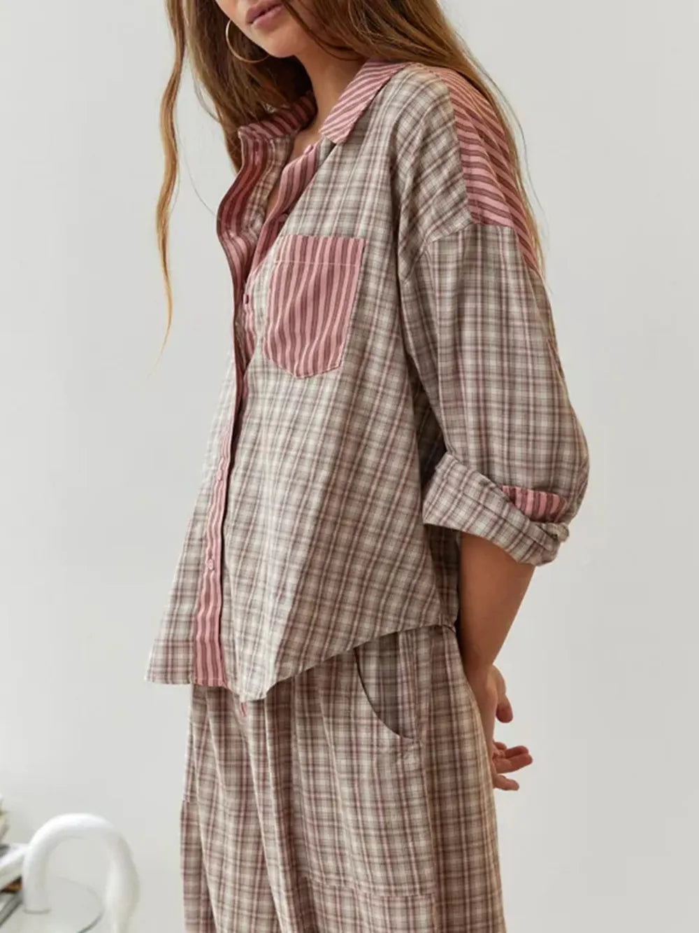 Nora – Damen Pyjama Set mit Hemd und Hose im Streifenmuster