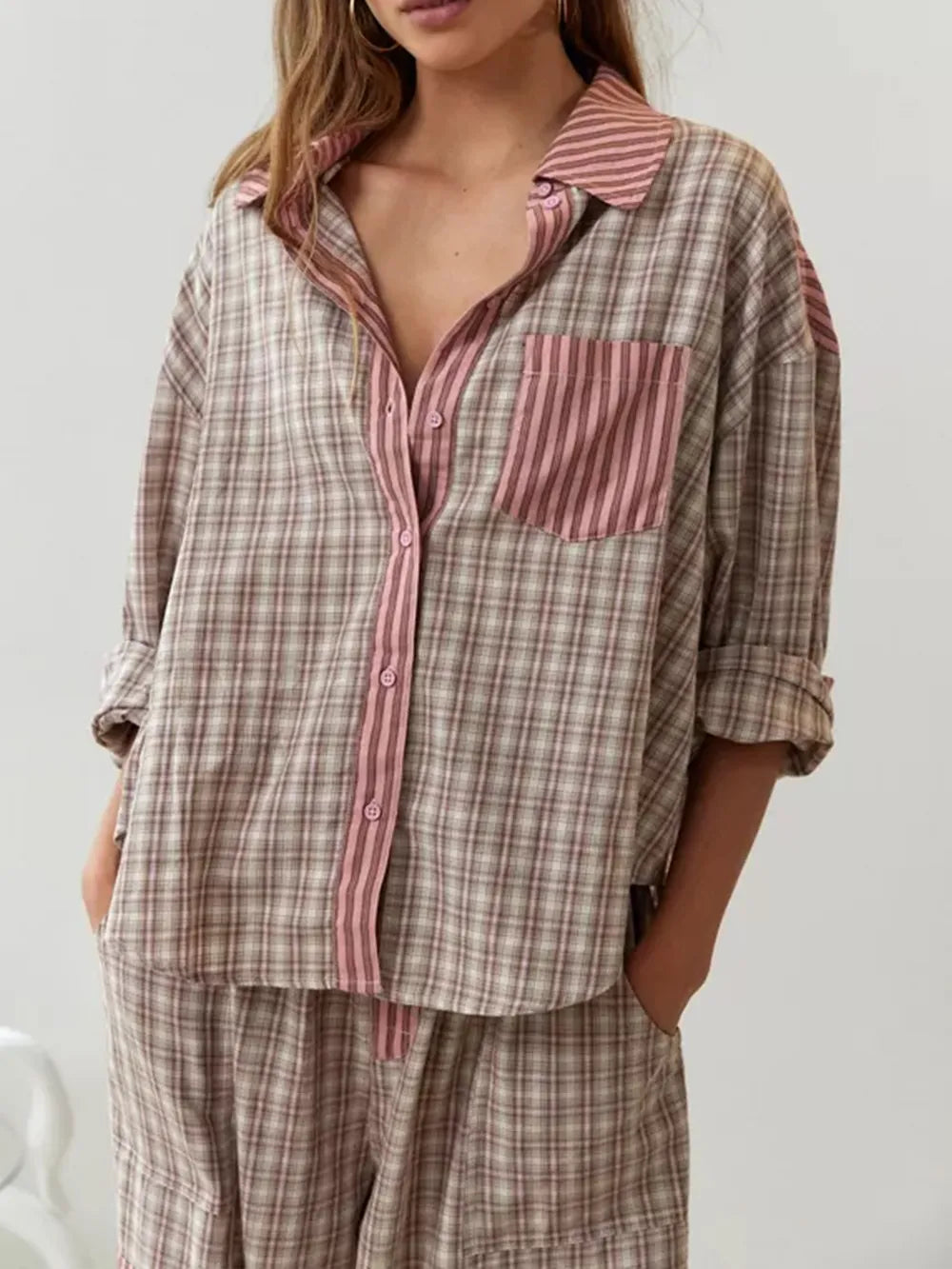 Nora – Damen Pyjama Set mit Hemd und Hose im Streifenmuster