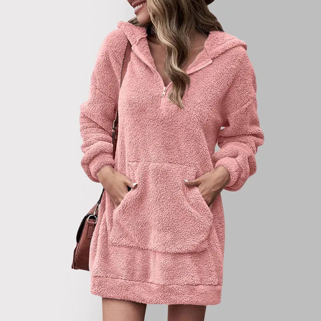 Milena - Damen Kapuzenkleid langarm mit Kängurutasche