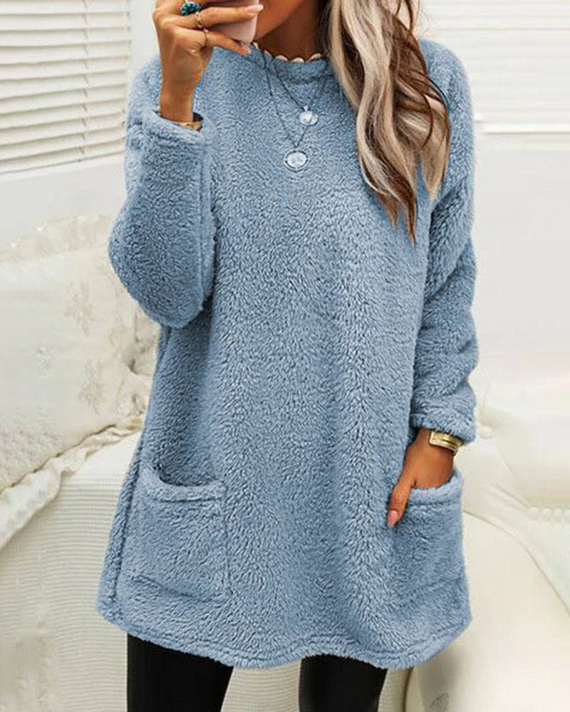 Aylen - Damen Teddy-Pullover langarm mit Taschen