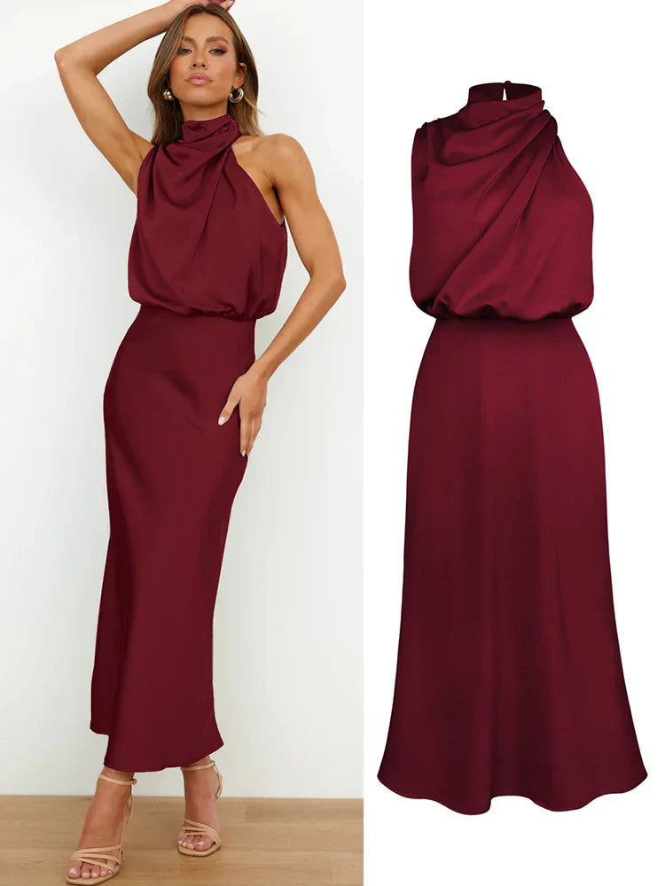 Serena - Damen Satin Abendkleid mit hohem Kragen