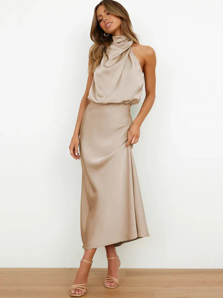 Serena - Damen Satin Abendkleid mit hohem Kragen