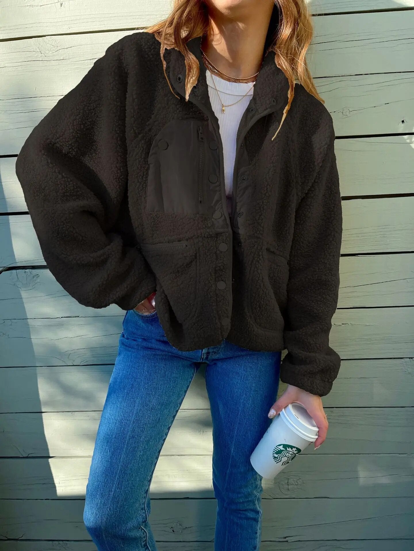 Nova - Damen Teddyjacke mit Knopfleiste und Taschen