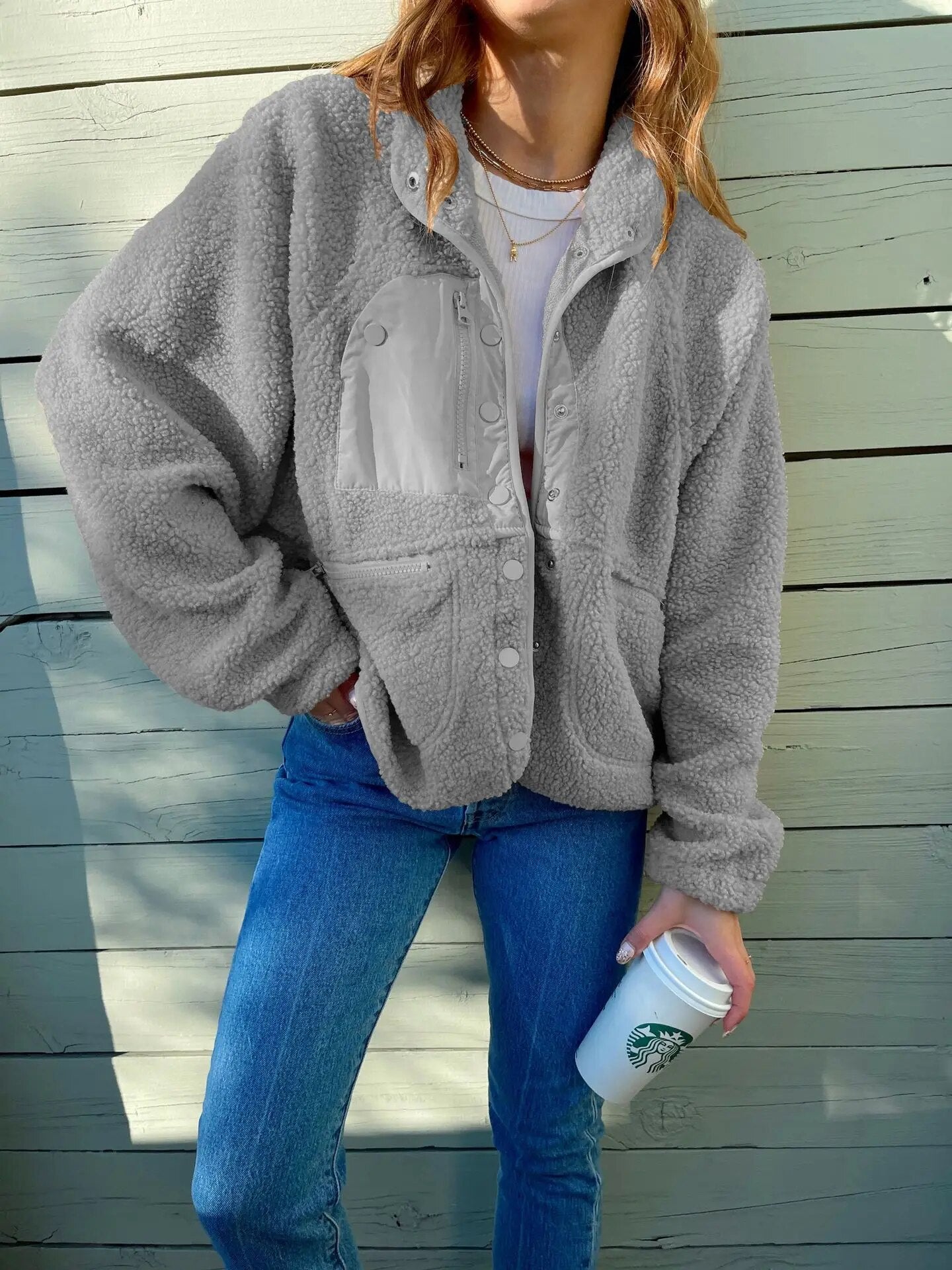 Nova - Damen Teddyjacke mit Knopfleiste und Taschen