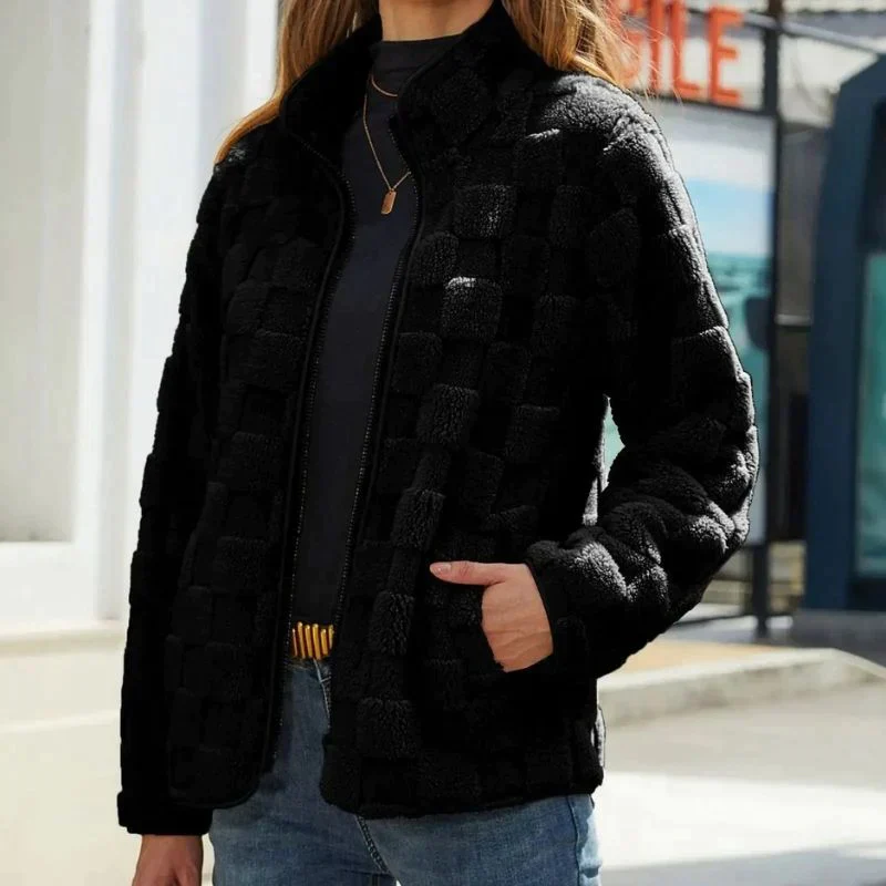Elena - Damen Teddyjacke mit Karomuster-Struktur
