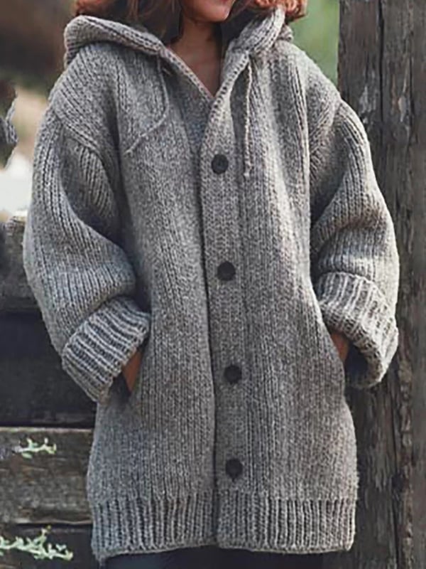 Clara - Damen Wolle Strick-Cardigan mit Kapuze langarm Knopfleiste