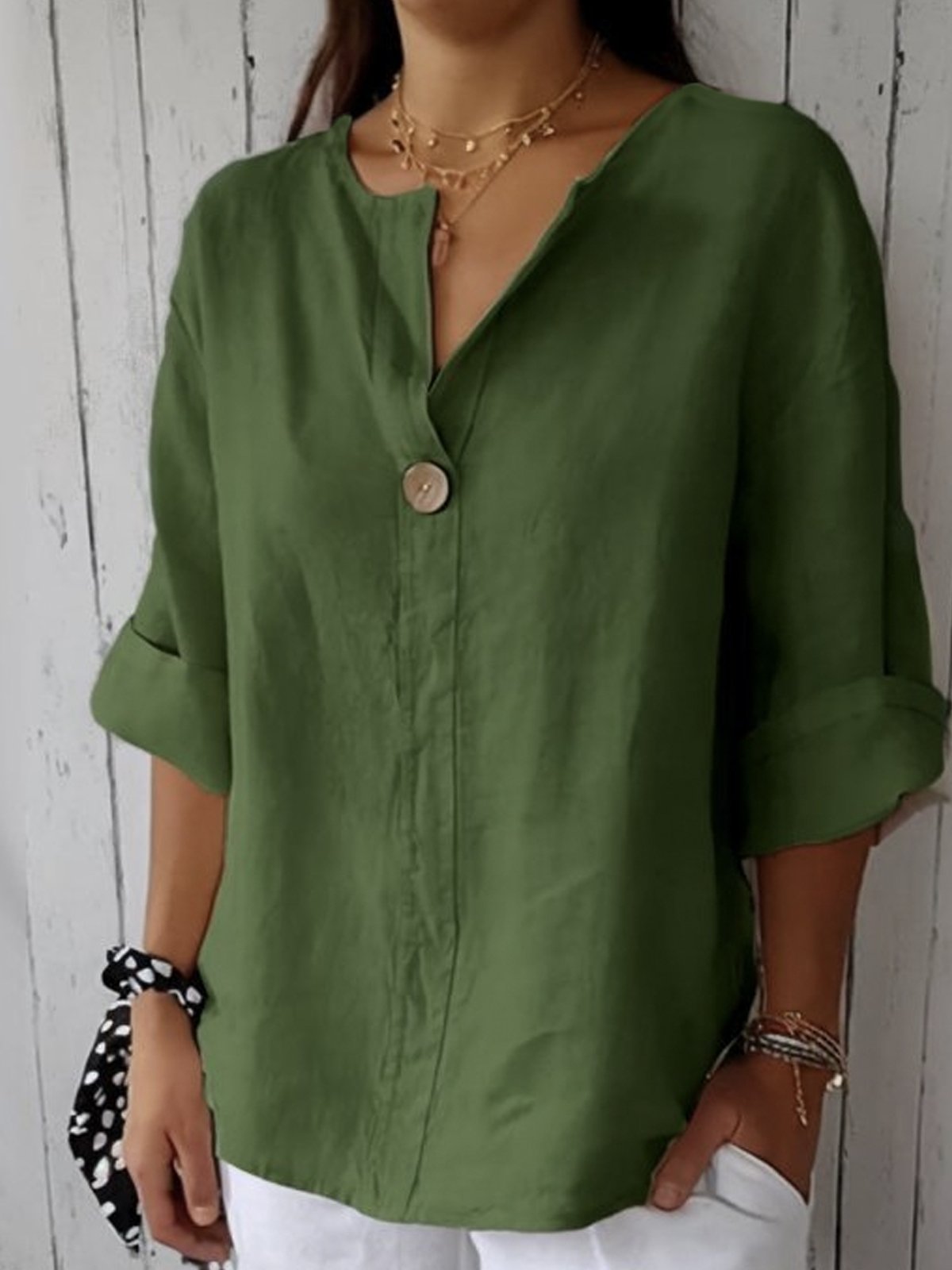 Weiße Leinenbluse mit Knopf – Damen Sommerbluse