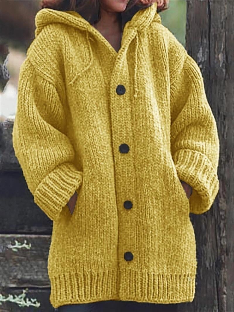 Clara - Damen Wolle Strick-Cardigan mit Kapuze langarm Knopfleiste