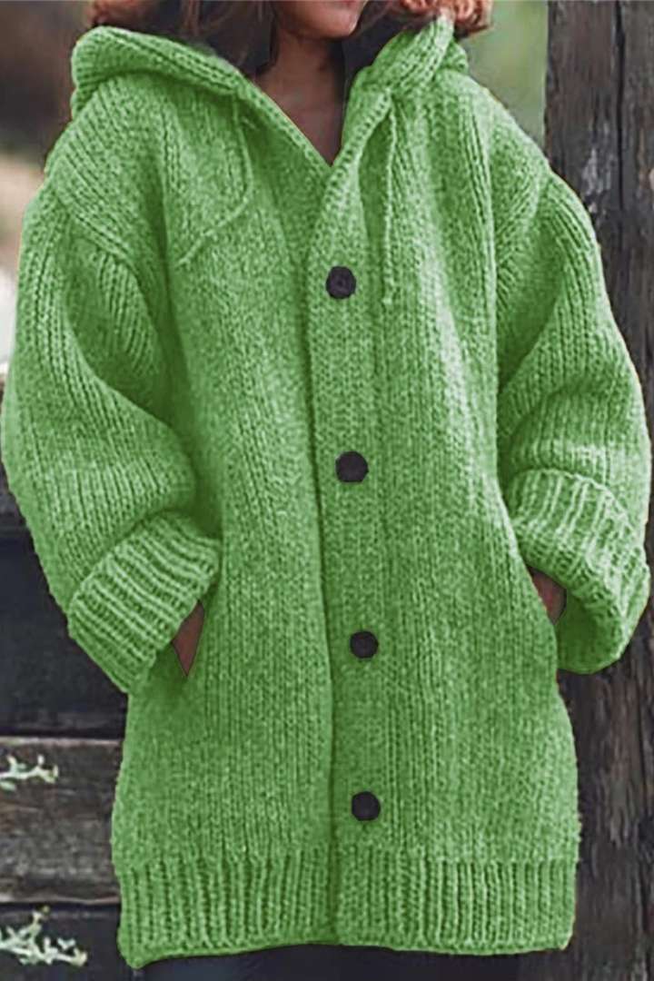 Clara - Damen Wolle Strick-Cardigan mit Kapuze langarm Knopfleiste