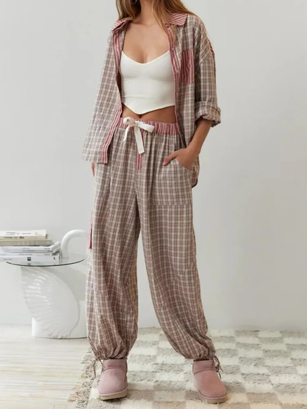 Nora – Damen Pyjama Set mit Hemd und Hose im Streifenmuster
