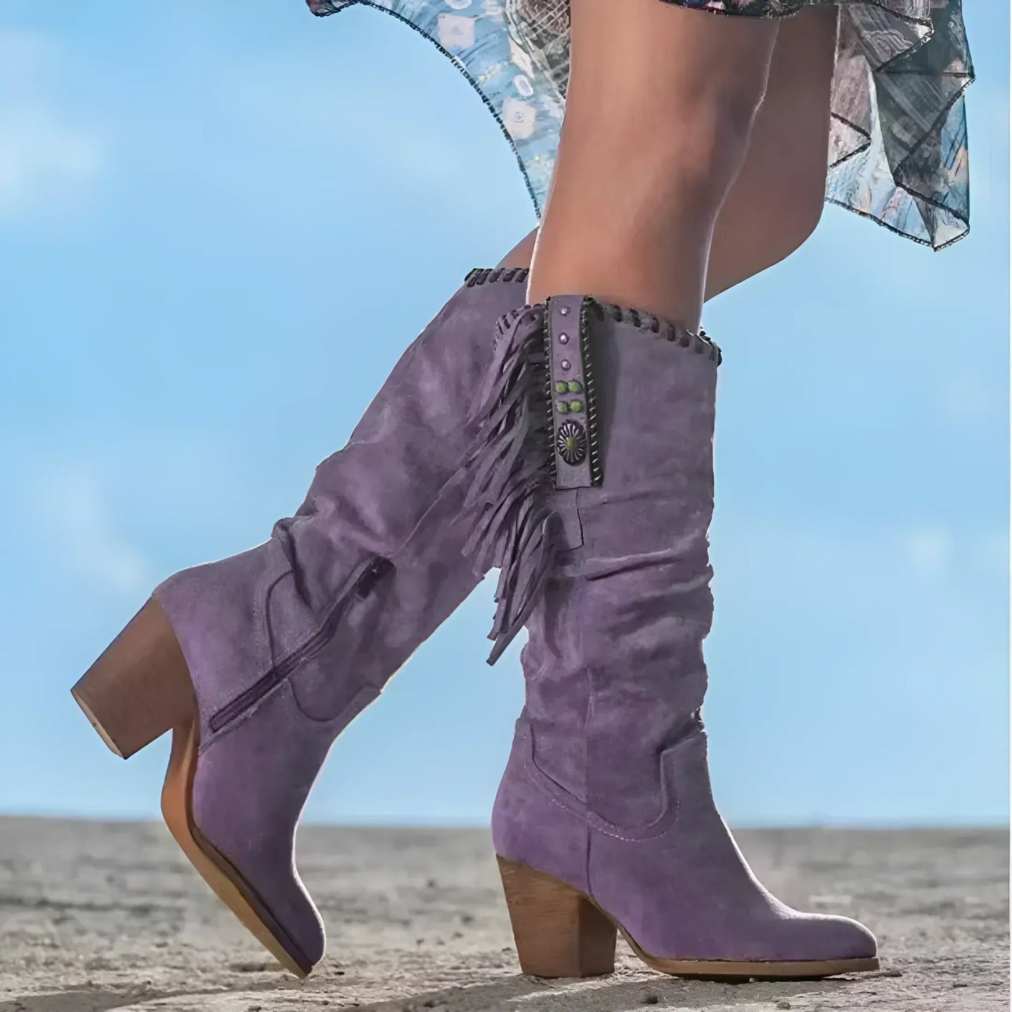 Cowboy Damen-Stiefel mit Fransen und Blockabsatz