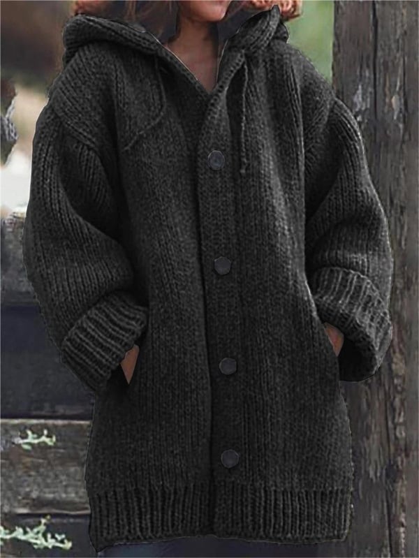 Clara - Damen Wolle Strick-Cardigan mit Kapuze langarm Knopfleiste