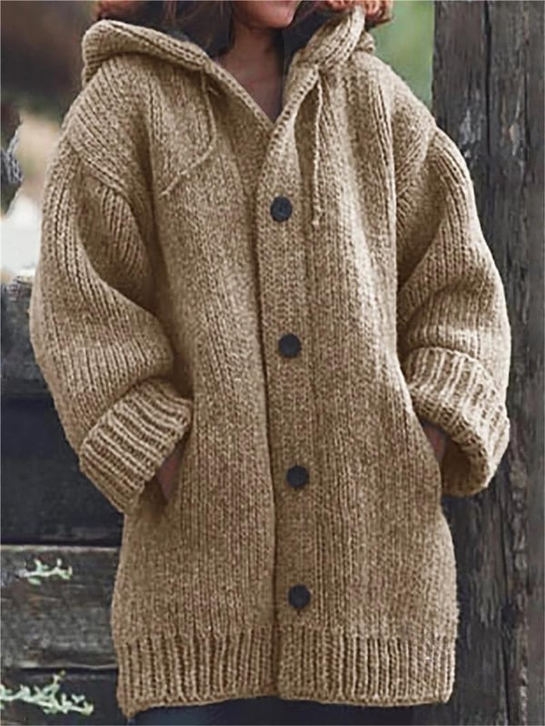Clara - Damen Wolle Strick-Cardigan mit Kapuze langarm Knopfleiste