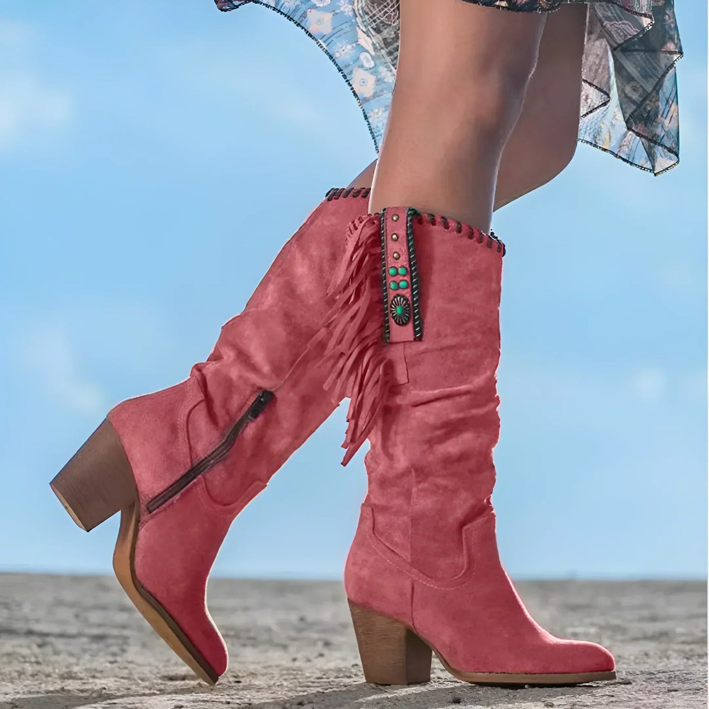 Cowboy Damen-Stiefel mit Fransen und Blockabsatz