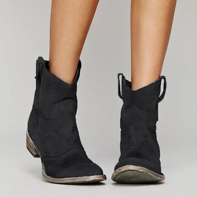 Damen Cowboy Stiefeletten – Wildlederoptik mit Blockabsatz