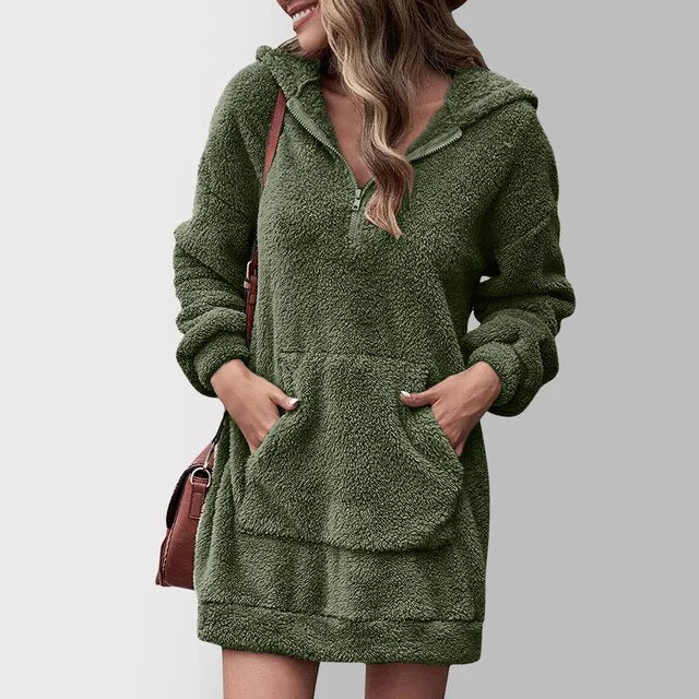 Milena - Damen Kapuzenkleid langarm mit Kängurutasche