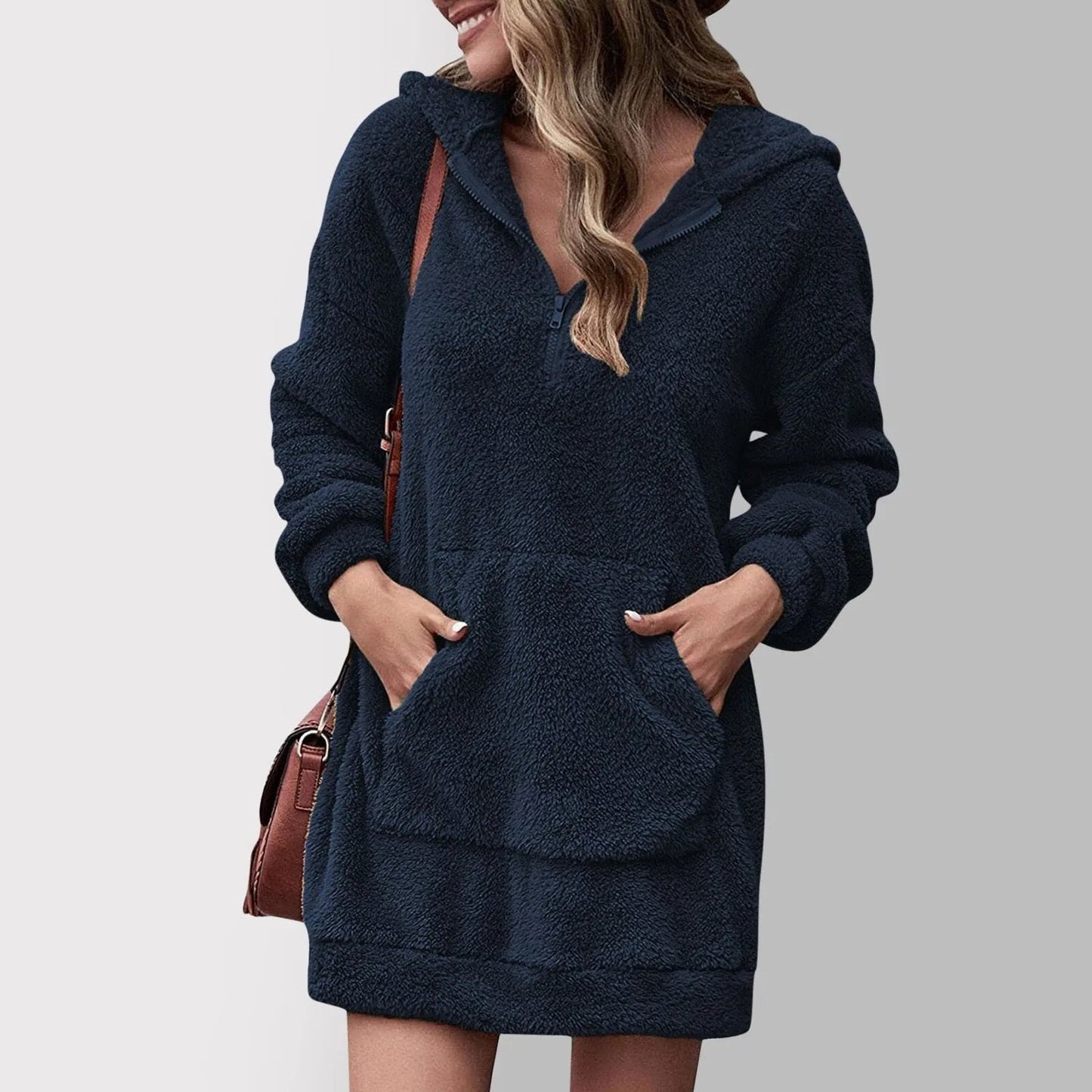 Milena - Damen Kapuzenkleid langarm mit Kängurutasche