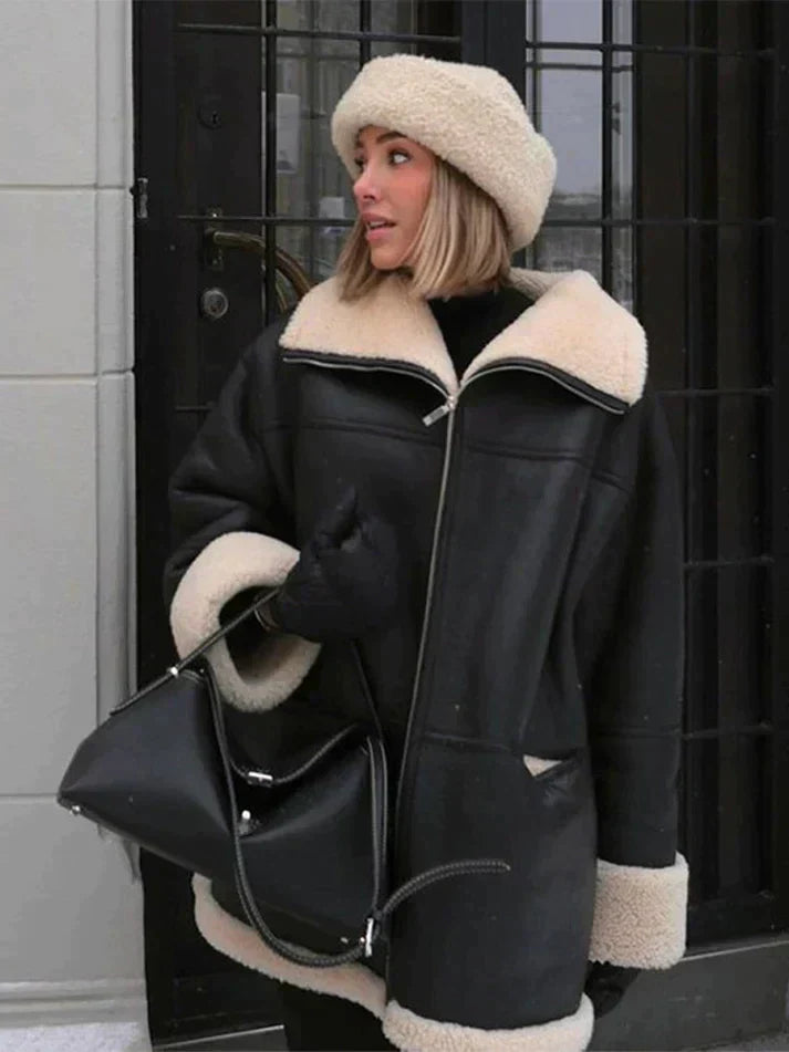 Marie - Damen winter Lammfelljacke Oversize mit Reverskragen