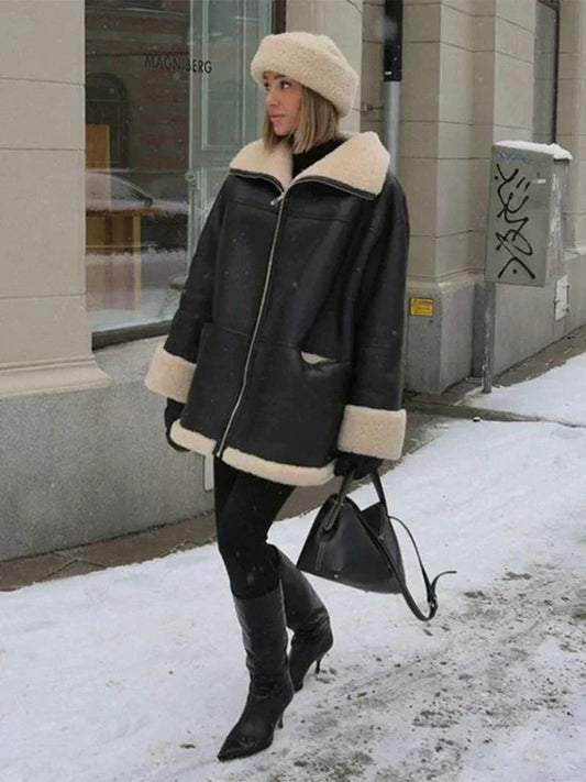 Marie - Damen winter Lammfelljacke Oversize mit Reverskragen