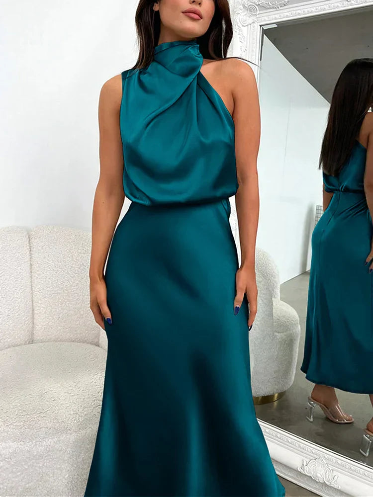 Serena - Damen Satin Abendkleid mit hohem Kragen