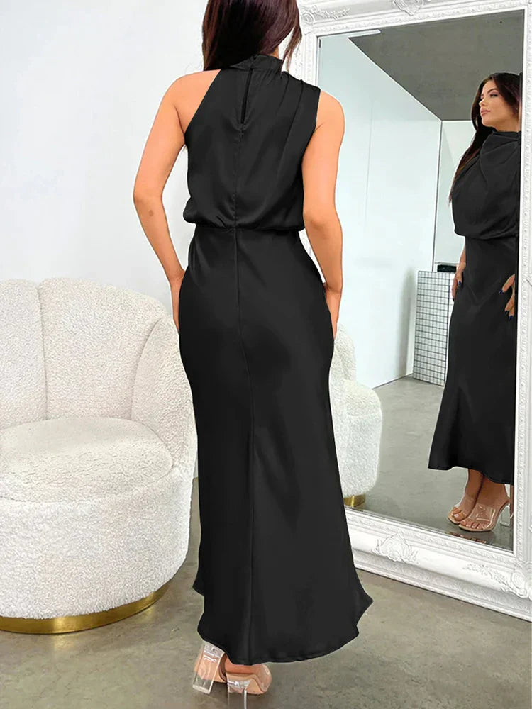 Serena - Damen Satin Abendkleid mit hohem Kragen
