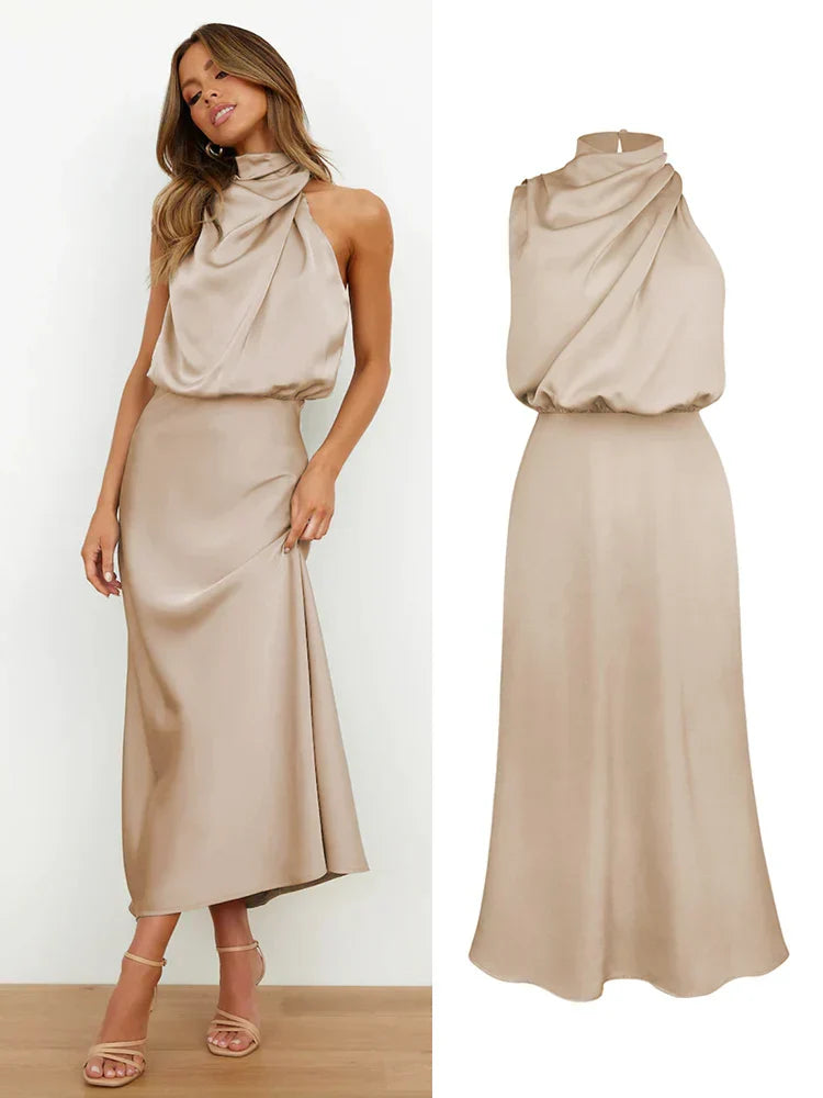 Serena - Damen Satin Abendkleid mit hohem Kragen