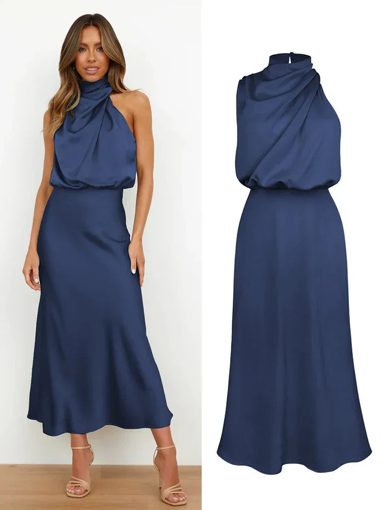 Serena - Damen Satin Abendkleid mit hohem Kragen