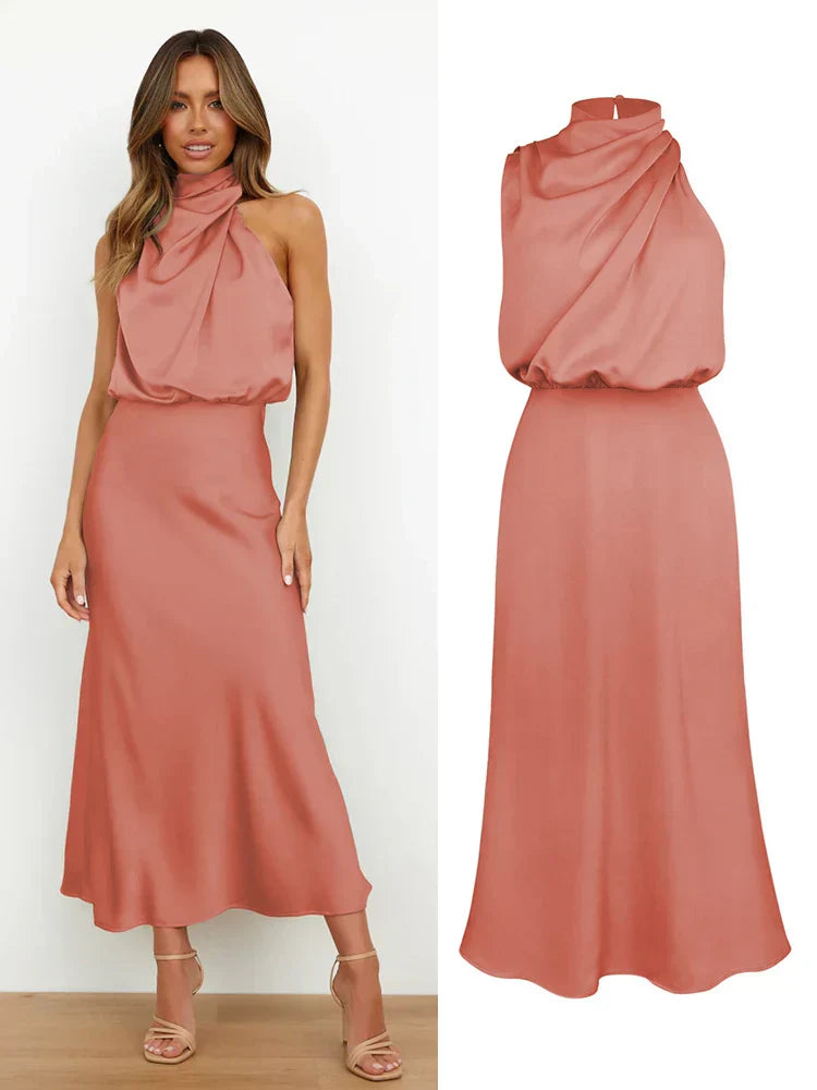 Serena - Damen Satin Abendkleid mit hohem Kragen
