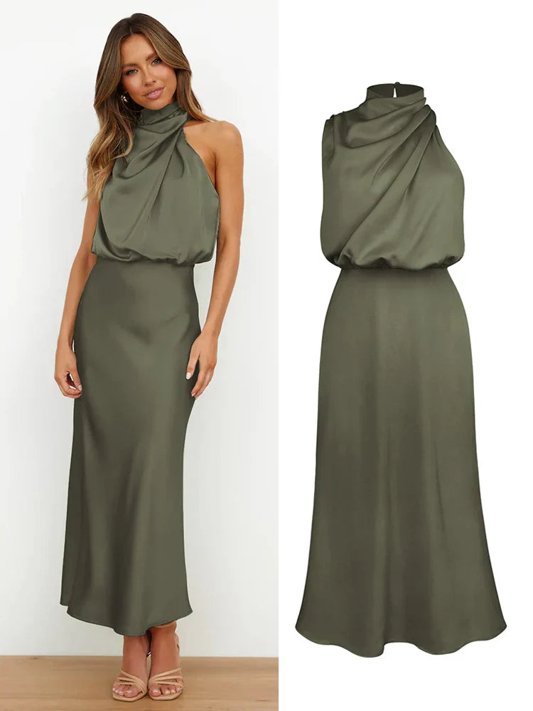Serena - Damen Satin Abendkleid mit hohem Kragen