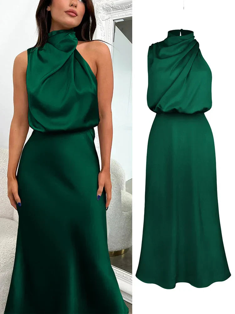 Serena - Damen Satin Abendkleid mit hohem Kragen