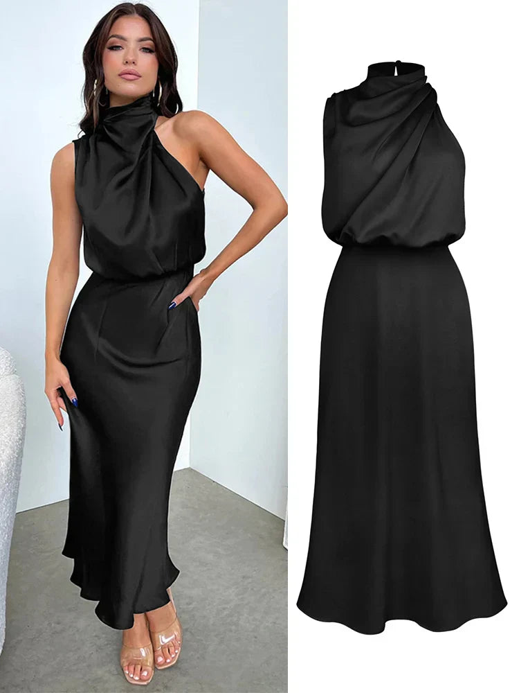 Serena - Damen Satin Abendkleid mit hohem Kragen