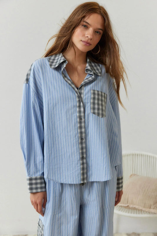 Nora – Damen Pyjama Set mit Hemd und Hose im Streifenmuster