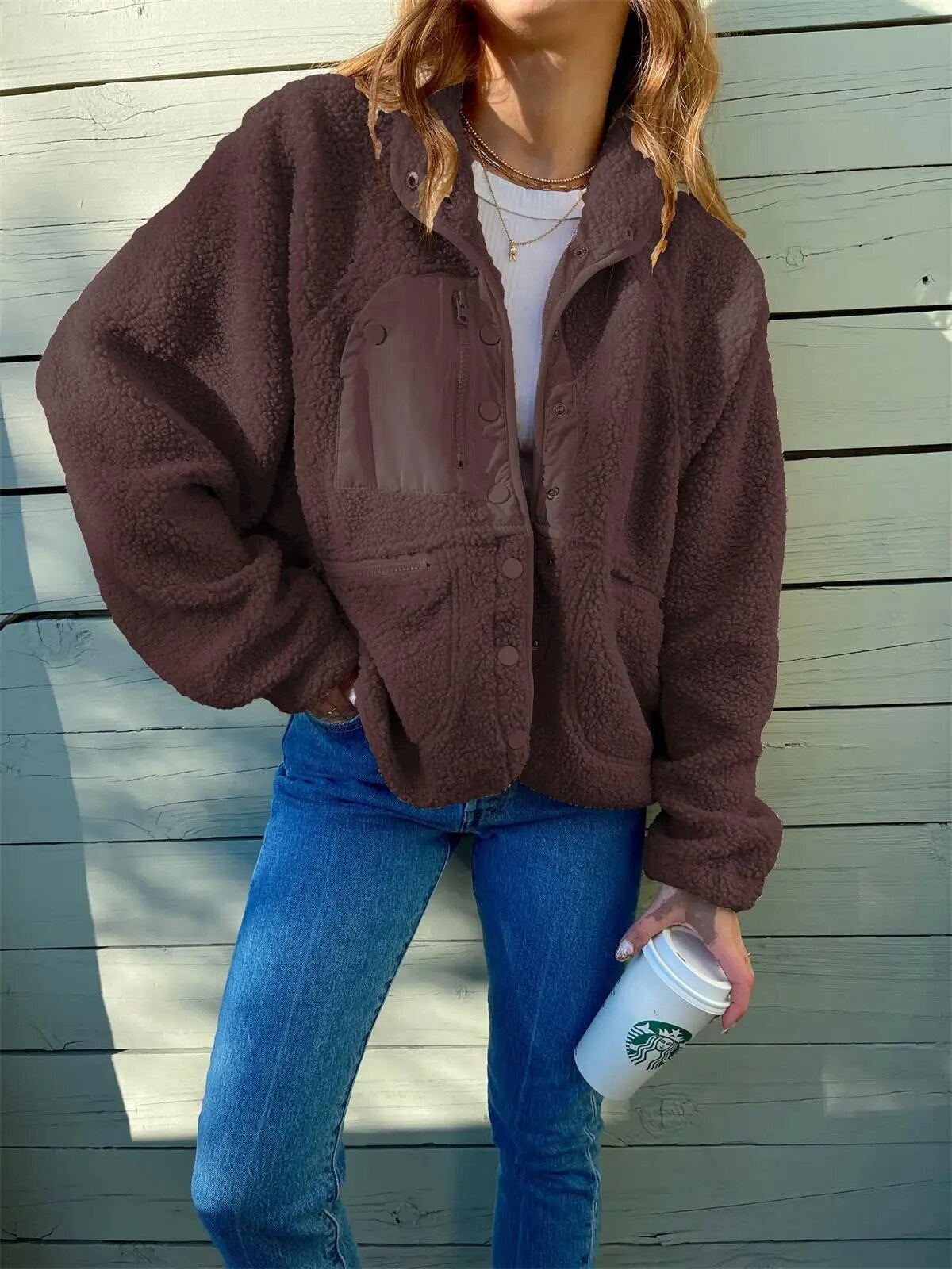 Nova - Damen Teddyjacke mit Knopfleiste und Taschen