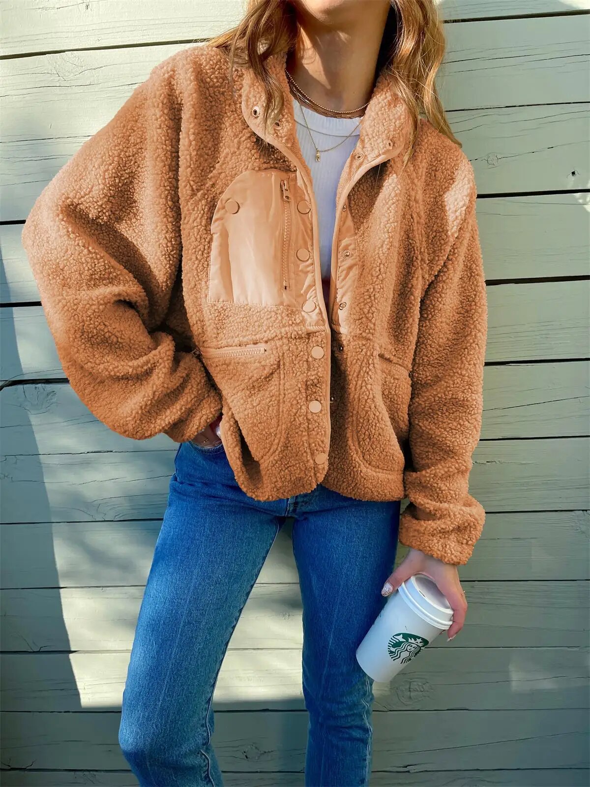 Nova - Damen Teddyjacke mit Knopfleiste und Taschen
