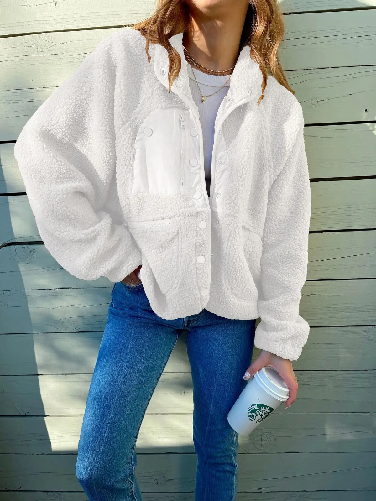 Nova - Damen Teddyjacke mit Knopfleiste und Taschen
