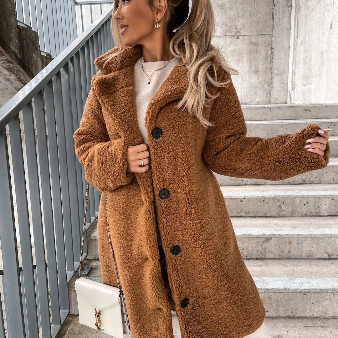 Leonie - Damen Teddy-Mantel langarm Knopfleiste Winter elegant