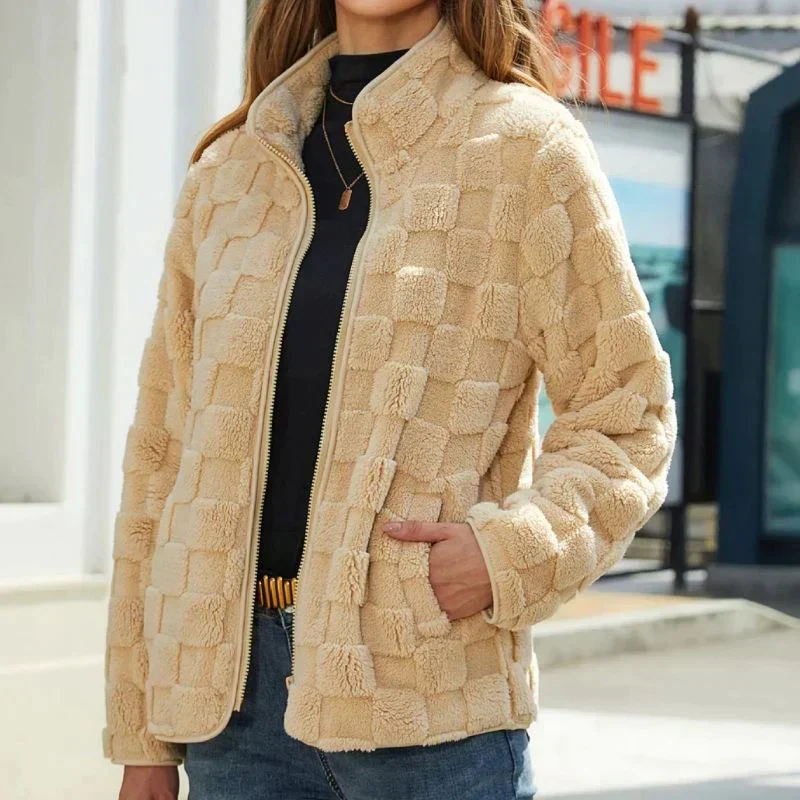 Elena - Damen Teddyjacke mit Karomuster-Struktur
