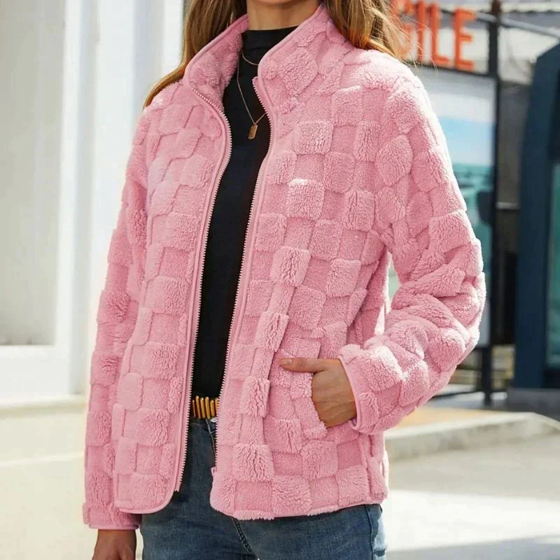 Elena - Damen Teddyjacke mit Karomuster-Struktur