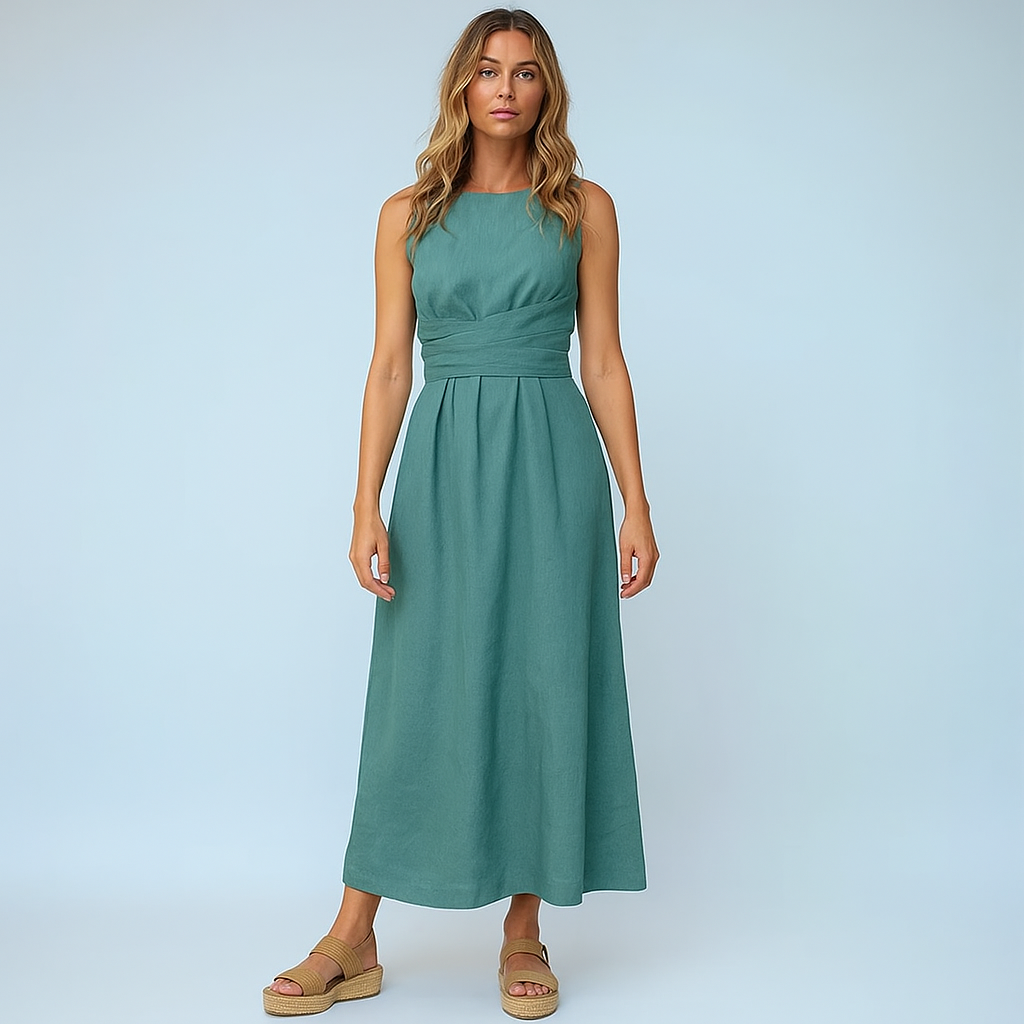 Hellgrünes Leinen-Maxikleid mit Taillenfalten