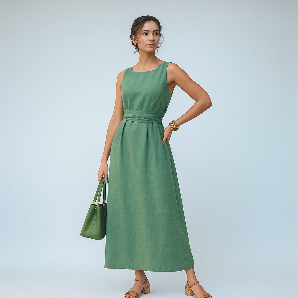 Grünes Leinen-Maxikleid mit figurbetonter Taille