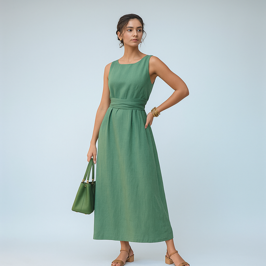 Grünes Leinen-Maxikleid mit figurbetonter Taille