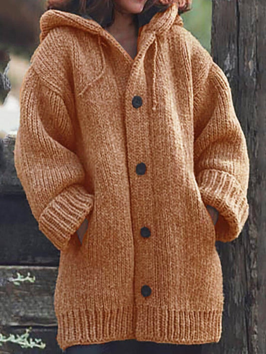 Clara - Damen Wolle Strick-Cardigan mit Kapuze langarm Knopfleiste