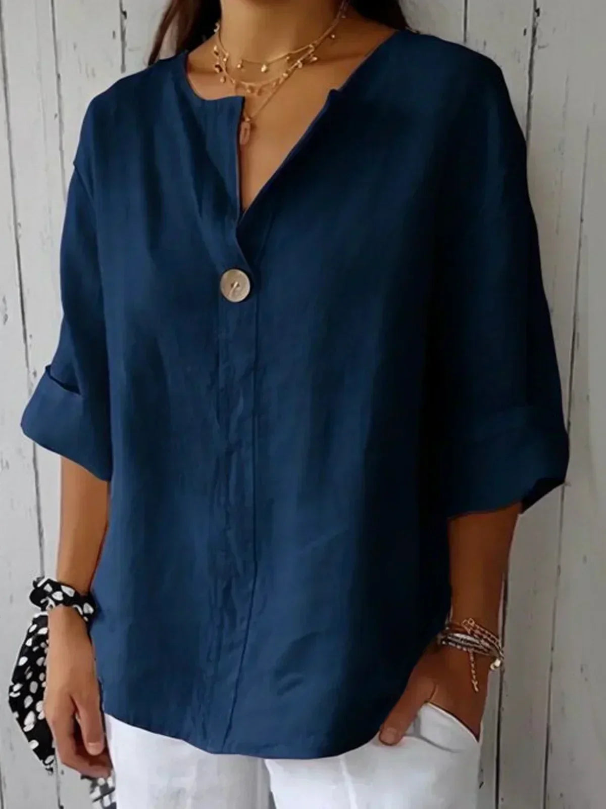 Weiße Leinenbluse mit Knopf – Damen Sommerbluse