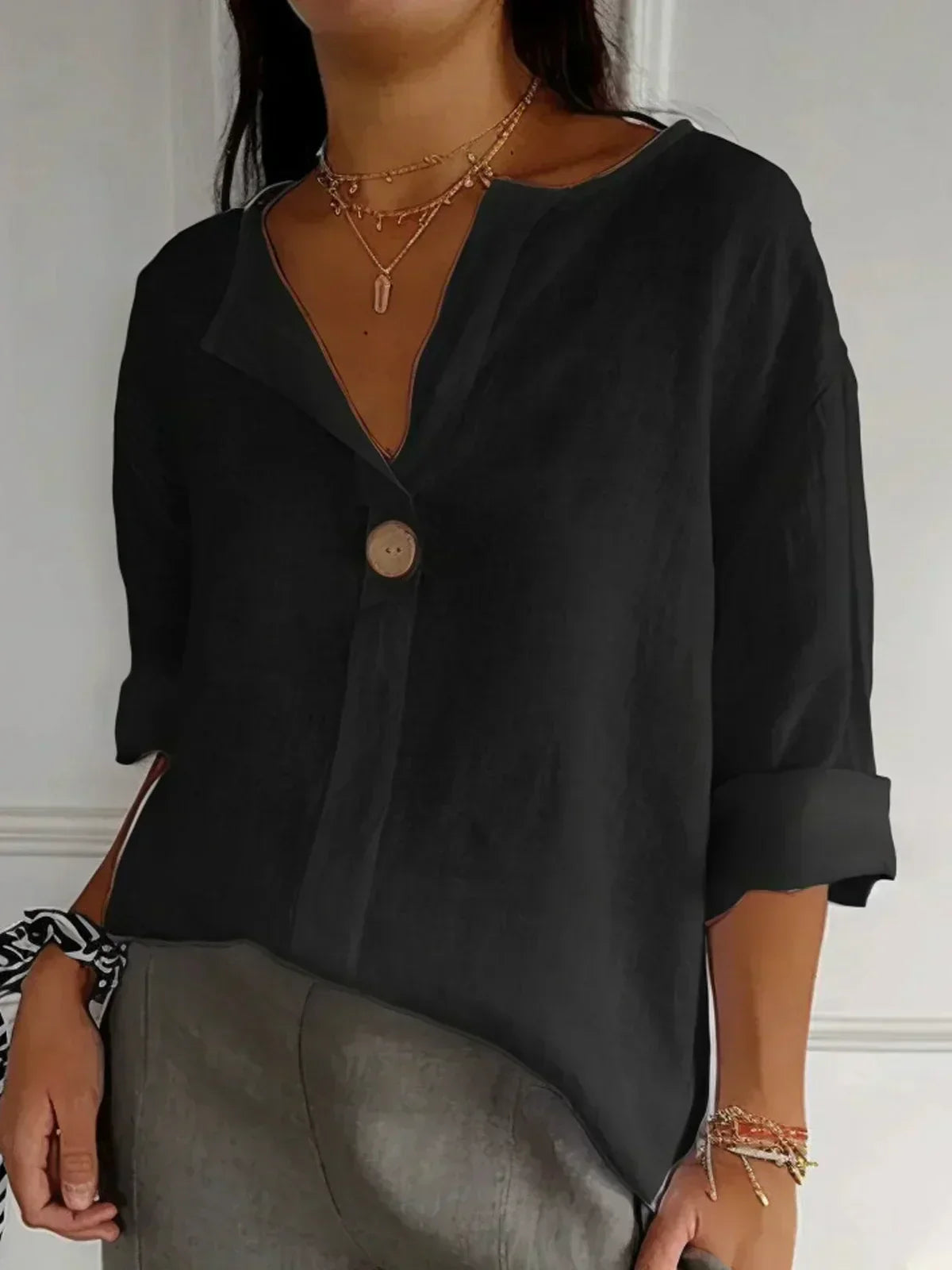Weiße Leinenbluse mit Knopf – Damen Sommerbluse